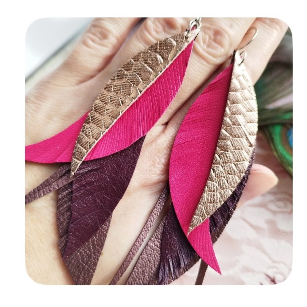 Pink and Brown Feather Earrings